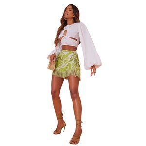 NWT 4 Chartruise Green Fringe Mini Wrap Skirt Abstract Pattern By PrettyLittleTh
